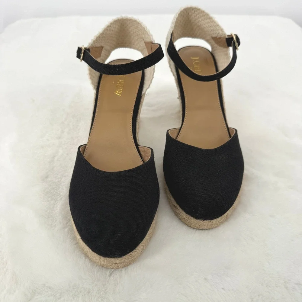 J.Crew Black Canvas Espadrille‎ Wedge Sandals Ankle Strap Women's Size 7.5